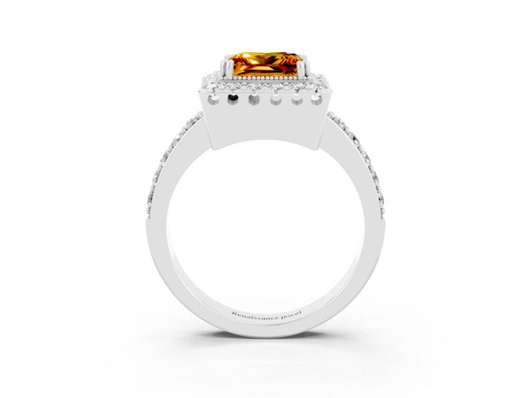 Platinum Princess Cut Citrine Halo Ring with Pavé Band and Prong Setting