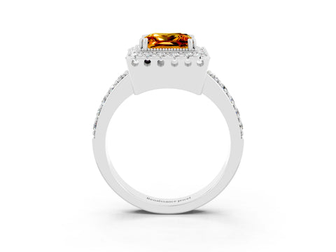 White gold Princess Cut Citrine Halo Ring with Pavé Band and Prong Setting_3