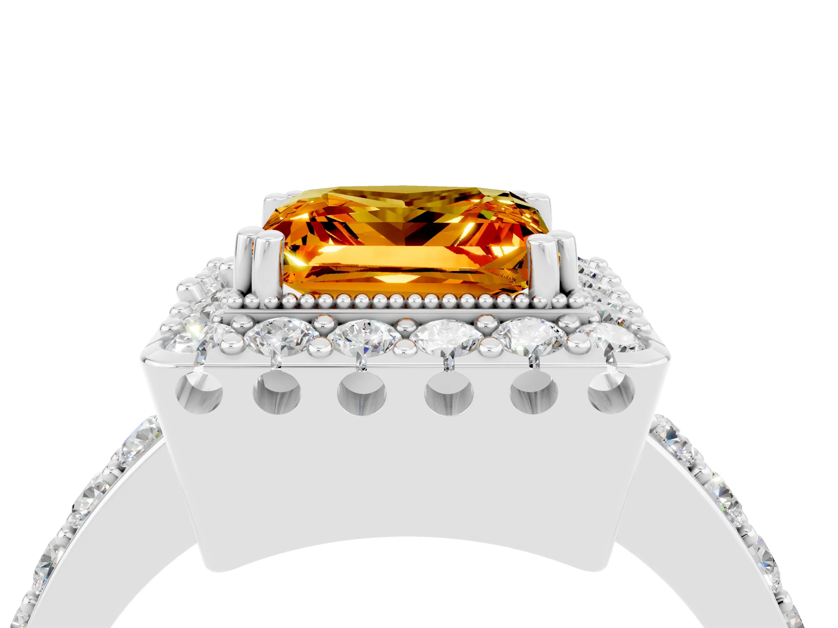 White gold Princess Cut Citrine Halo Ring with Pavé Band and Prong Setting_4