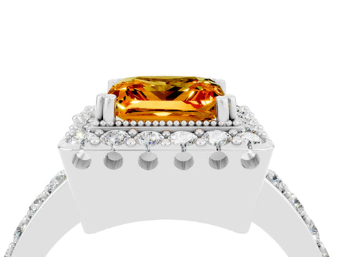 White gold Princess Cut Citrine Halo Ring with Pavé Band and Prong Setting_4