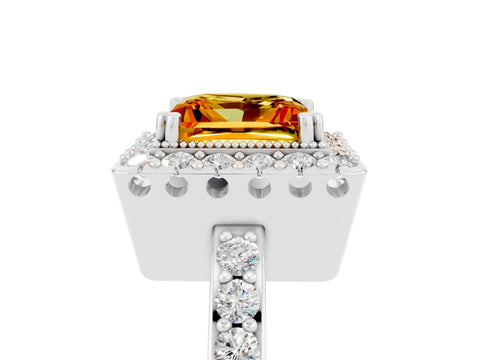 White gold Princess Cut Citrine Halo Ring with Pavé Band and Prong Setting_5