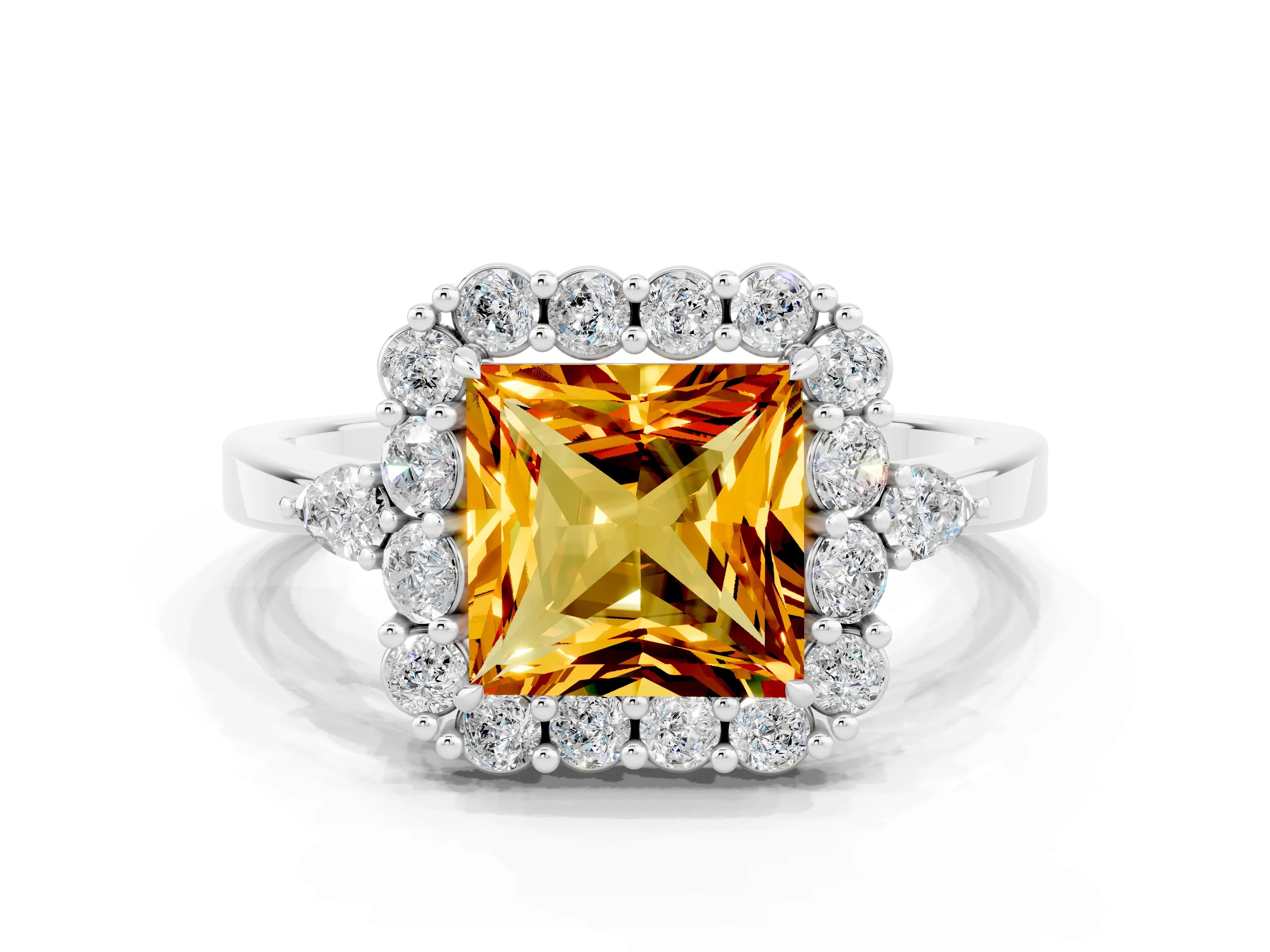 White gold Princess Cut Citrine Halo Ring with Pear Side Stones and Prong Setting_24