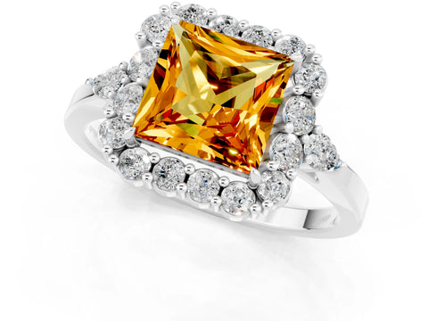 White gold Princess Cut Citrine Halo Ring with Pear Side Stones and Prong Setting_25