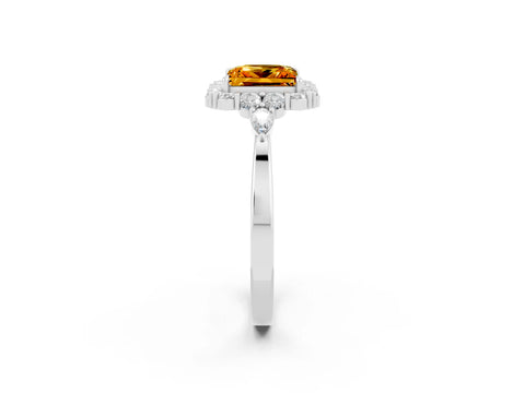 White gold Princess Cut Citrine Halo Ring with Pear Side Stones and Prong Setting_26