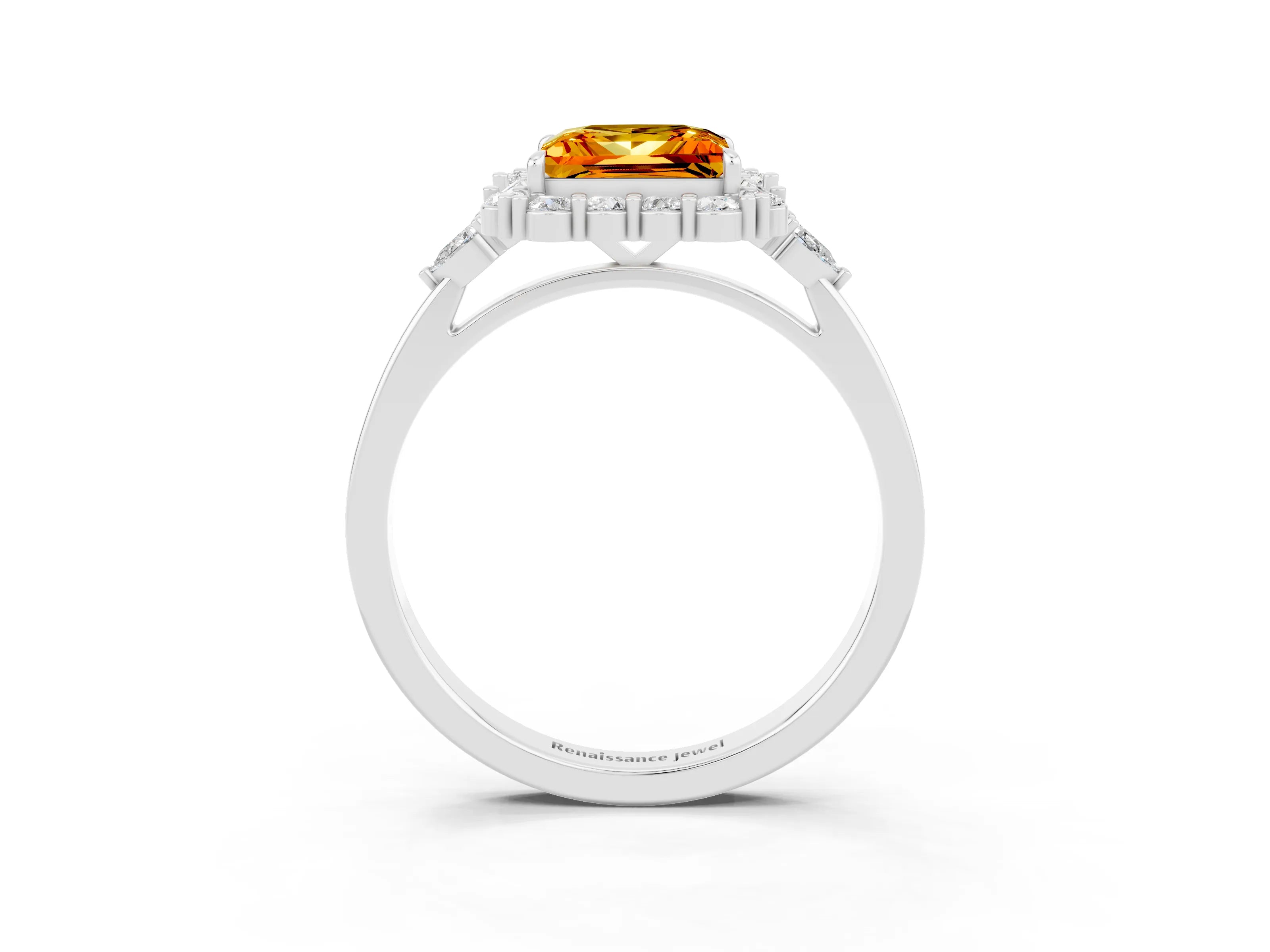 White gold Princess Cut Citrine Halo Ring with Pear Side Stones and Prong Setting_27