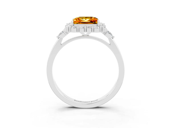 Silver Princess Cut Citrine Halo Ring with Pear Side Stones and Prong Setting