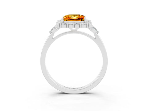 White gold Princess Cut Citrine Halo Ring with Pear Side Stones and Prong Setting_27