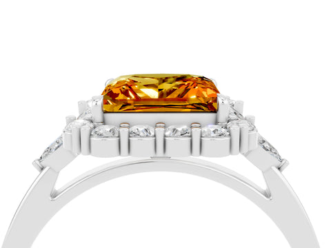 White gold Princess Cut Citrine Halo Ring with Pear Side Stones and Prong Setting_28