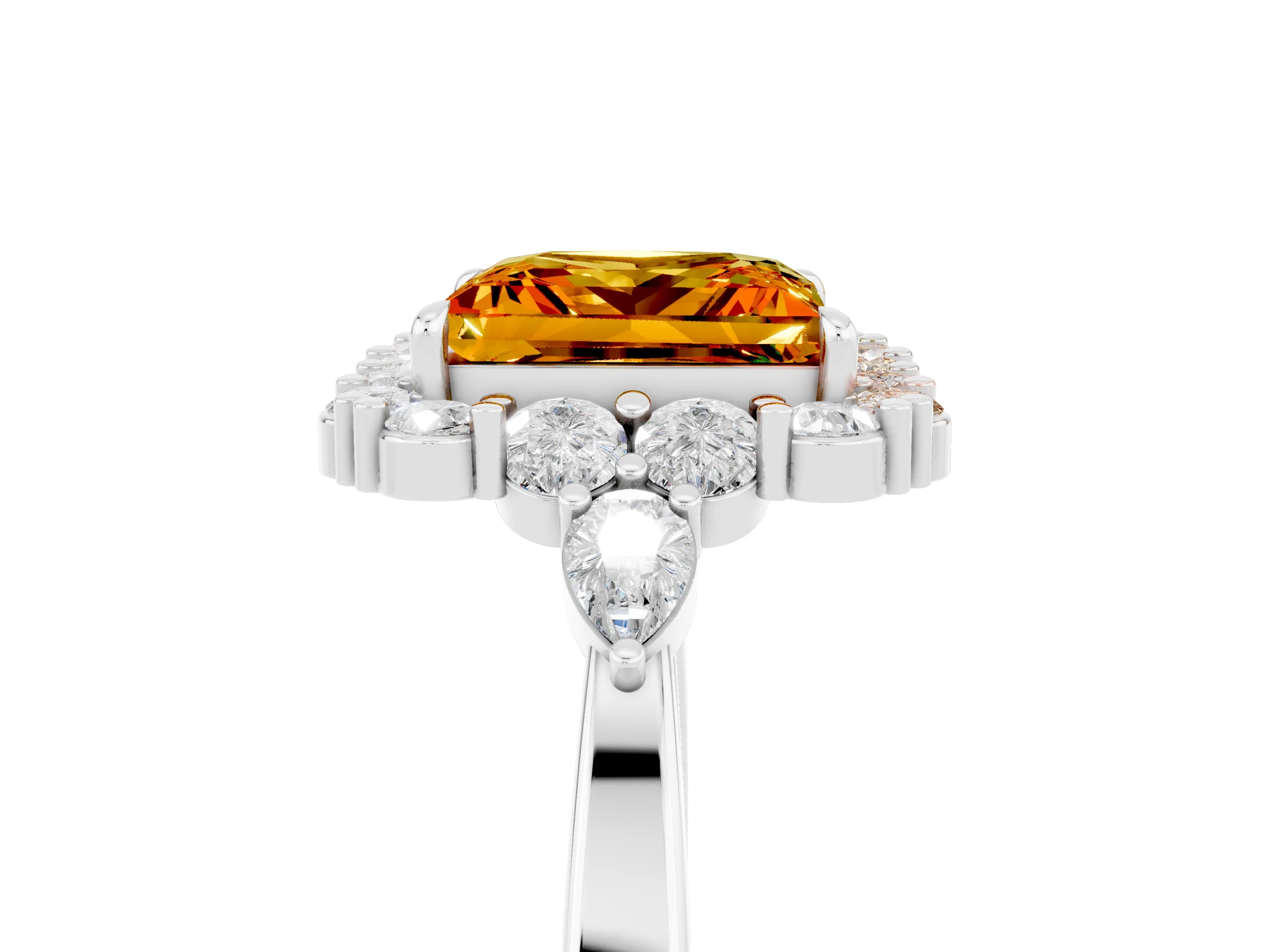 White gold Princess Cut Citrine Halo Ring with Pear Side Stones and Prong Setting_29
