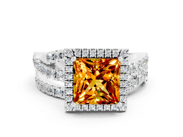 White gold Princess Cut Citrine Halo Ring with Round Split Shank and Prong Setting