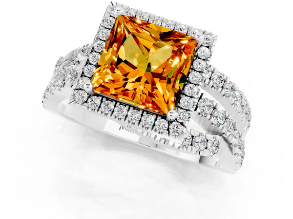 White gold Princess Cut Citrine Halo Ring with Round Split Shank and Prong Setting