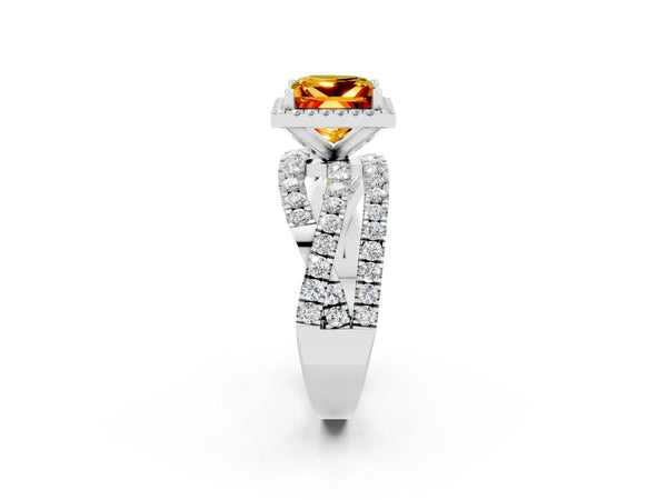Silver Princess Cut Citrine Halo Ring with Round Split Shank and Prong Setting