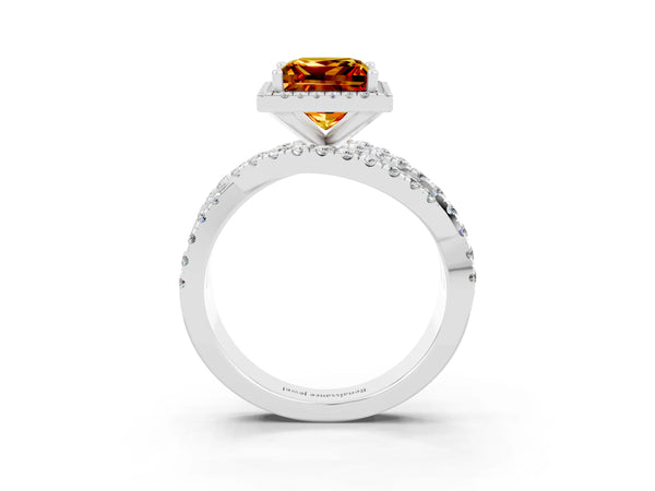 White gold Princess Cut Citrine Halo Ring with Round Split Shank and Prong Setting