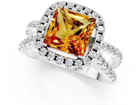 White gold Princess Cut Citrine Halo Ring with Split Shank Pavé Band and Prong Setting_1