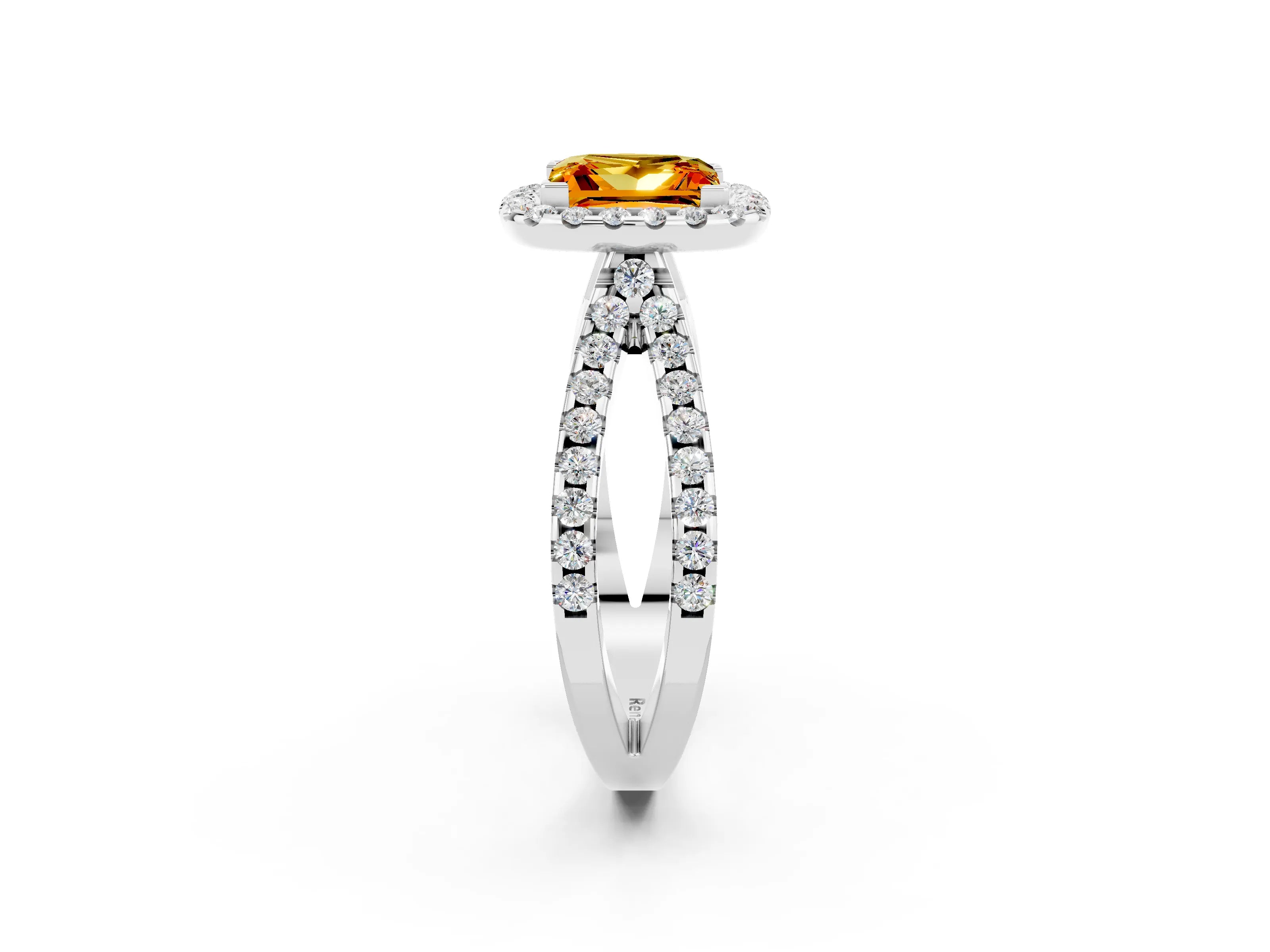 White gold Princess Cut Citrine Halo Ring with Split Shank Pavé Band and Prong Setting_2