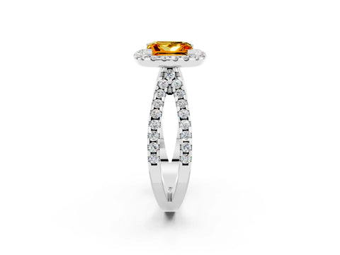 White gold Princess Cut Citrine Halo Ring with Split Shank Pavé Band and Prong Setting_2
