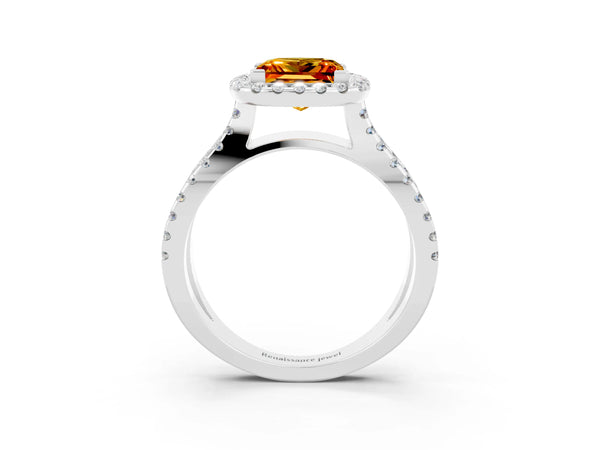 Platinum Princess Cut Citrine Halo Ring with Split Shank Pavé Band and Prong Setting