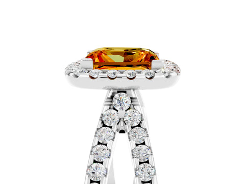 White gold Princess Cut Citrine Halo Ring with Split Shank Pavé Band and Prong Setting_5