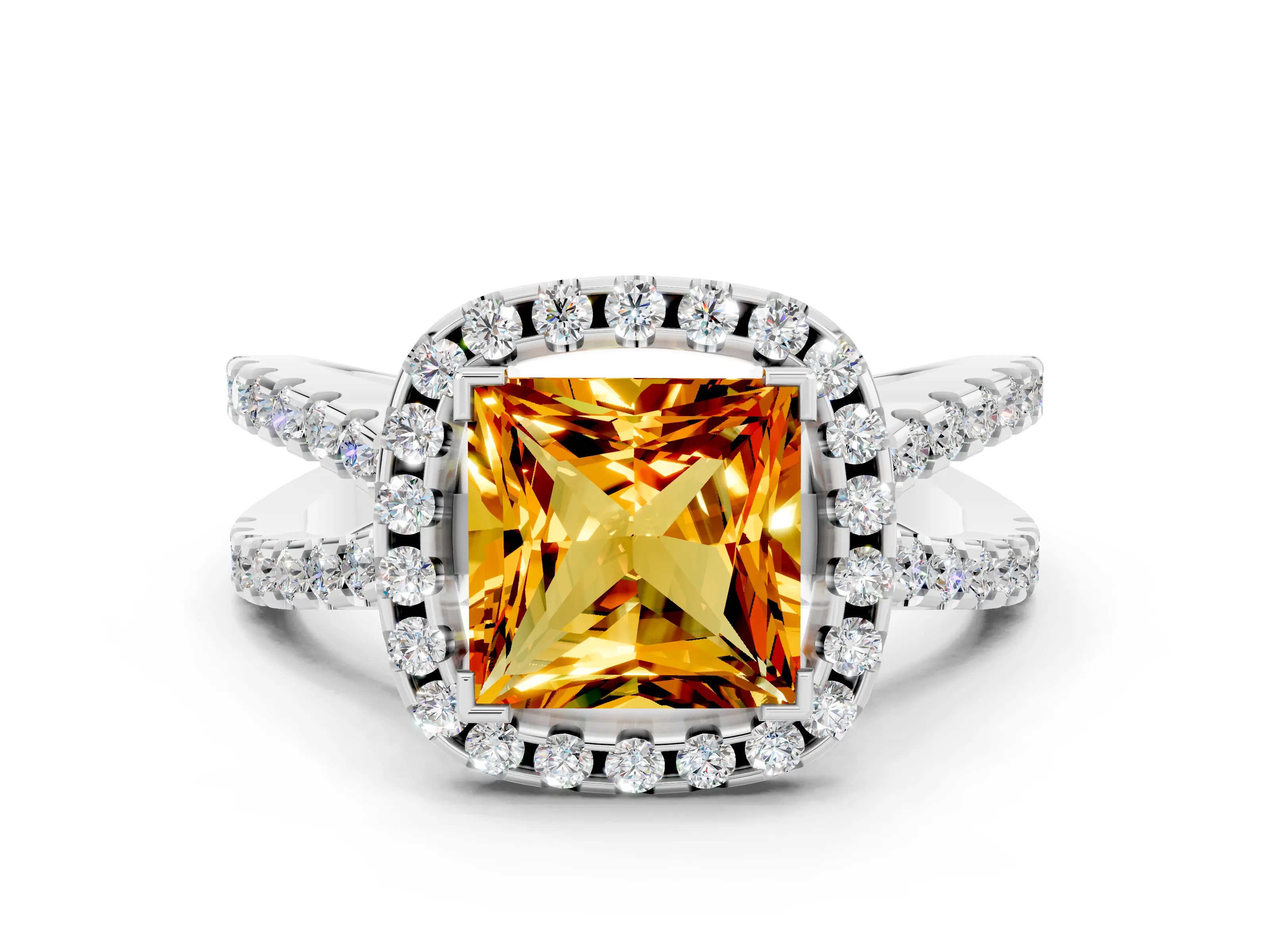 White gold Princess Cut Citrine Halo Ring with Split Shank Pavé Band and Prong Setting