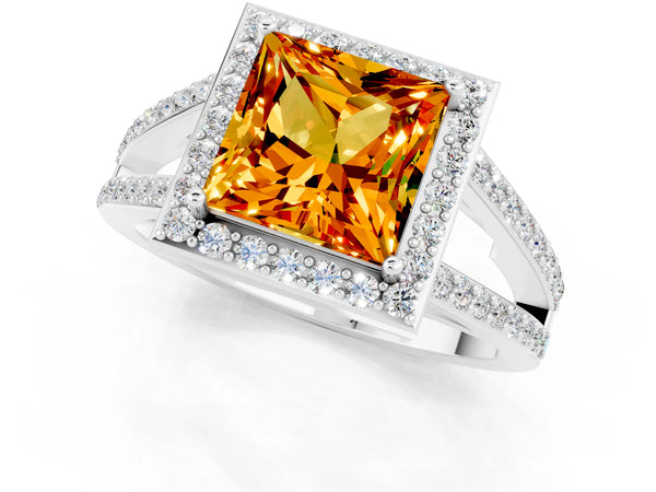 Platinum Princess Cut Citrine Halo Ring with Split Shank U-Prong Band and Four-Prong Setting