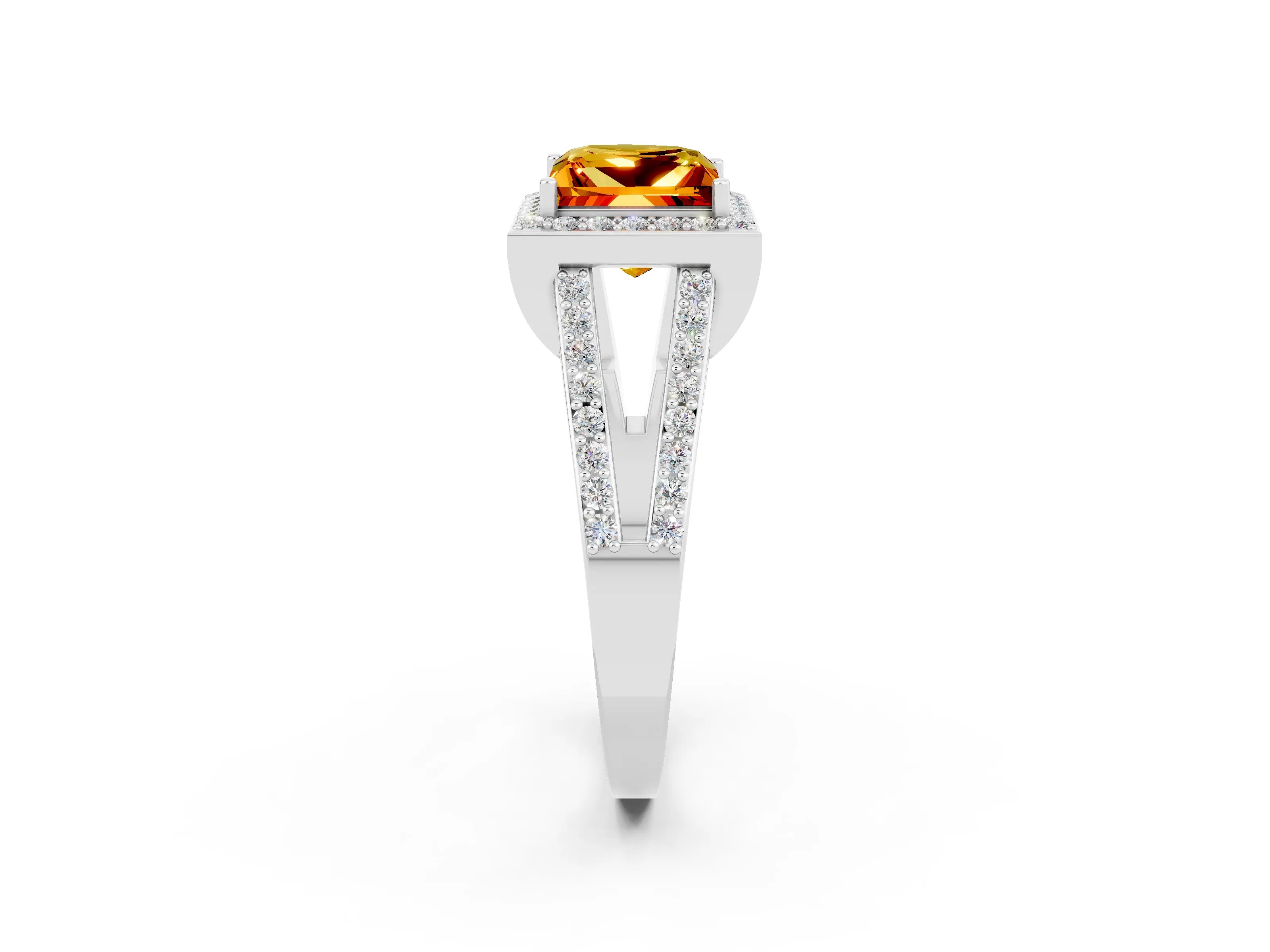 White gold Princess Cut Citrine Halo Ring with Split Shank U-Prong Band and Four-Prong Setting_2