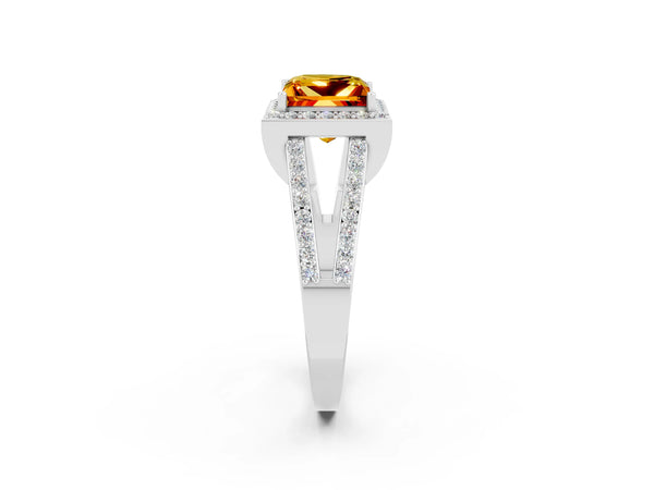 Silver Princess Cut Citrine Halo Ring with Split Shank U-Prong Band and Four-Prong Setting