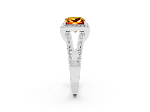 White gold Princess Cut Citrine Halo Ring with Split Shank U-Prong Band and Four-Prong Setting_2
