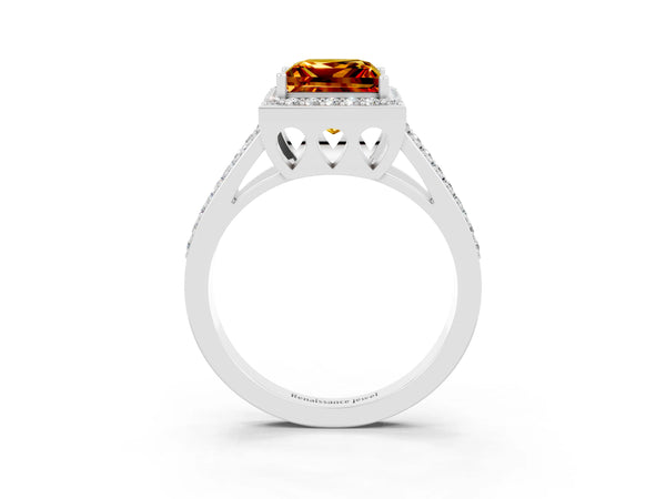 Platinum Princess Cut Citrine Halo Ring with Split Shank U-Prong Band and Four-Prong Setting