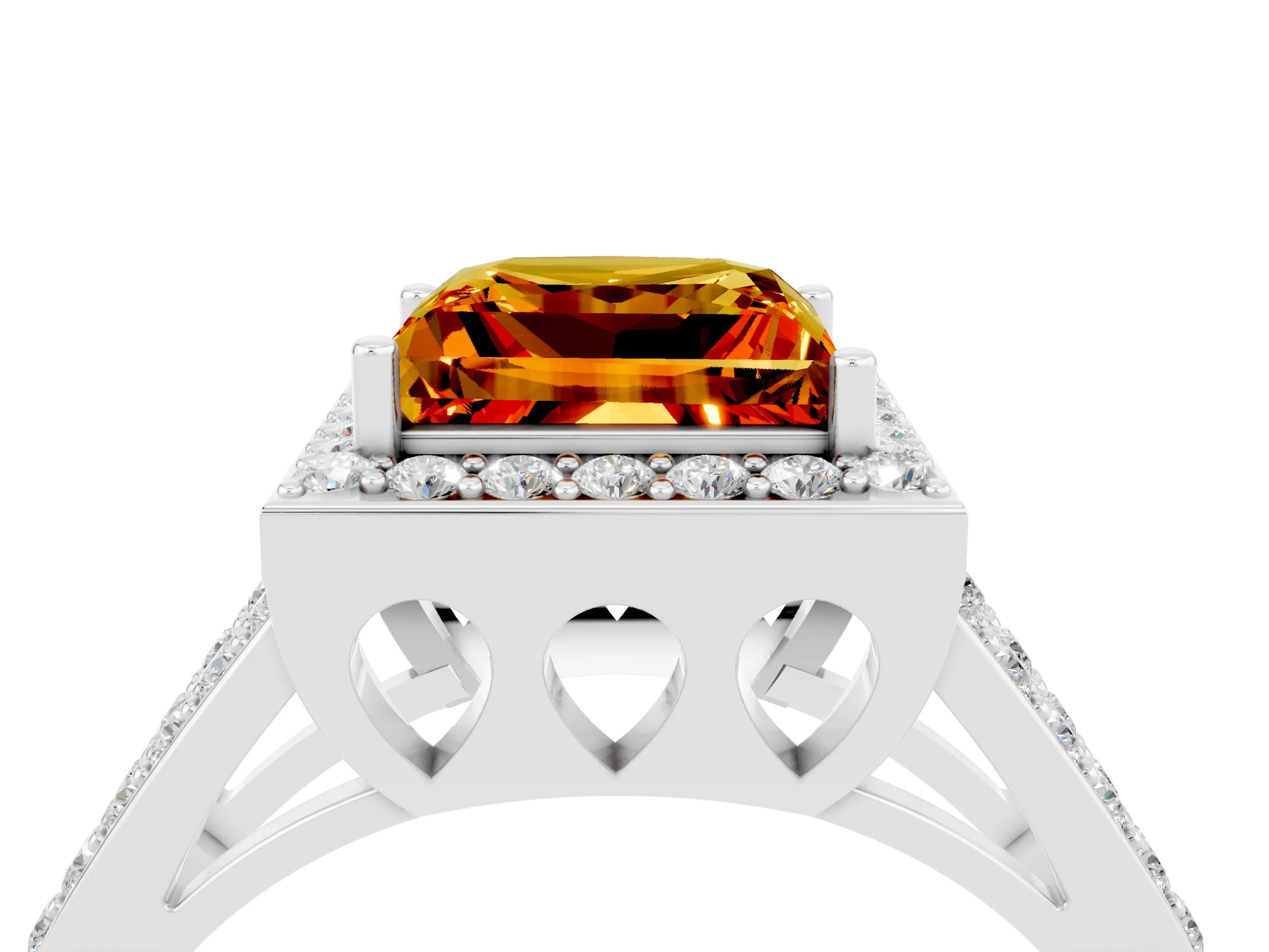 White gold Princess Cut Citrine Halo Ring with Split Shank U-Prong Band and Four-Prong Setting_4
