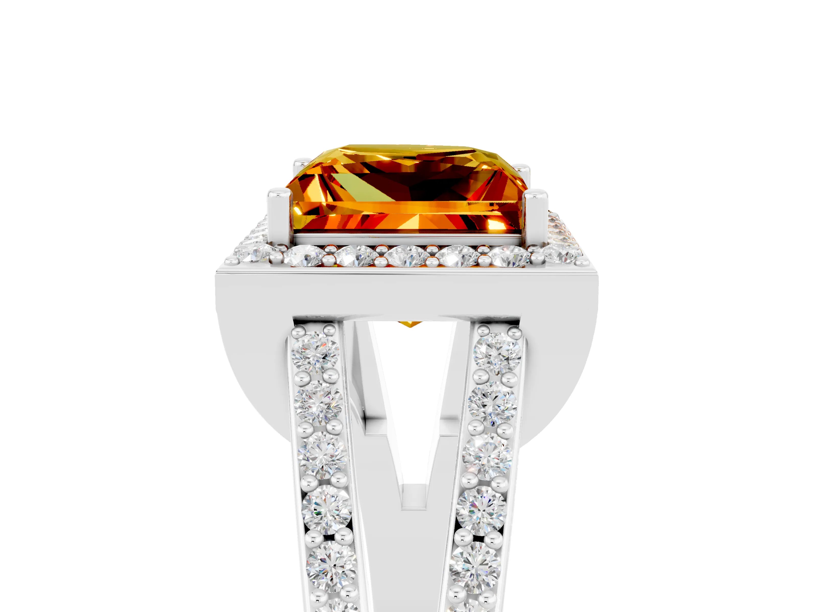 White gold Princess Cut Citrine Halo Ring with Split Shank U-Prong Band and Four-Prong Setting_5
