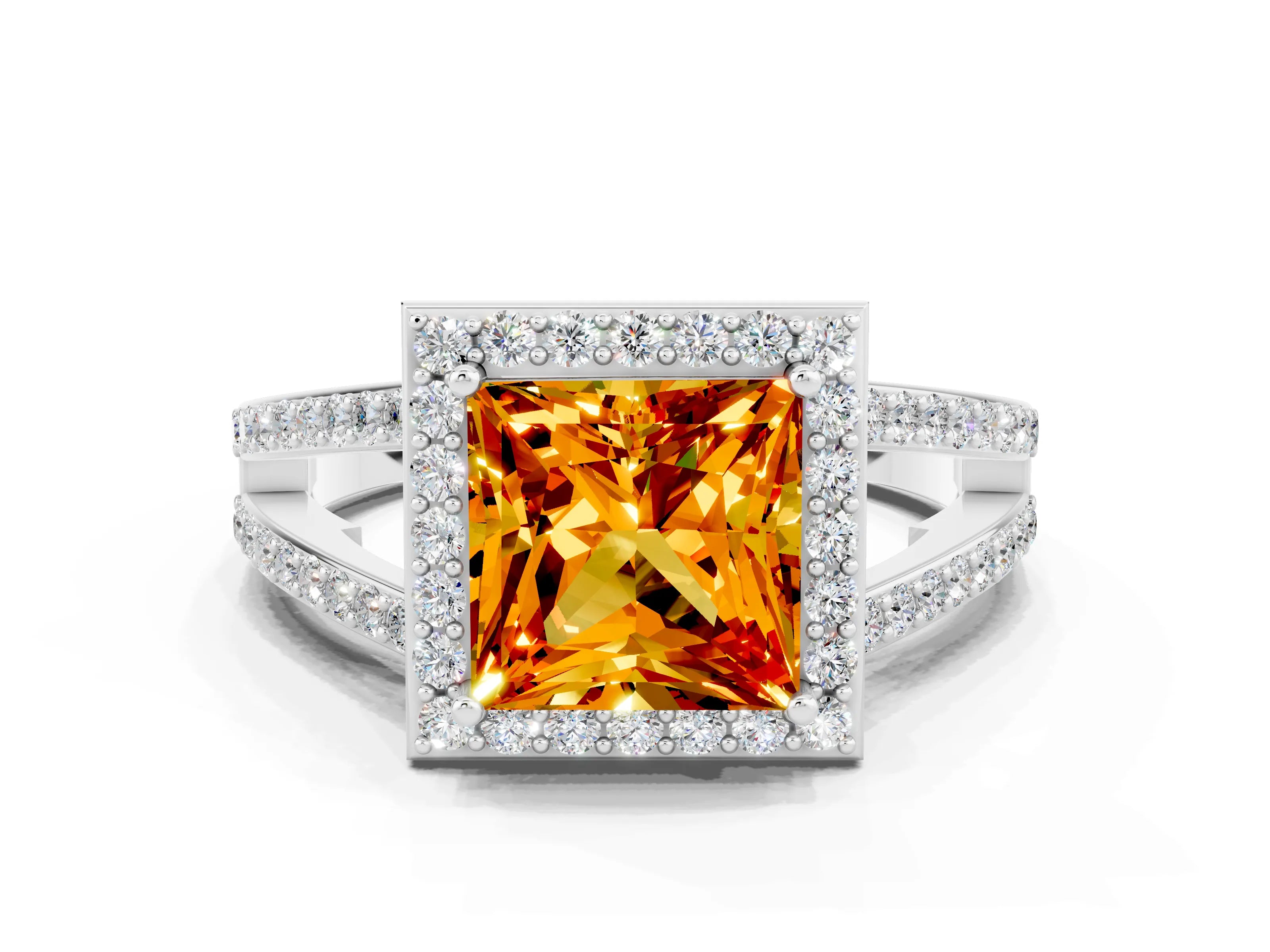 White gold Princess Cut Citrine Halo Ring with Split Shank U-Prong Band and Four-Prong Setting