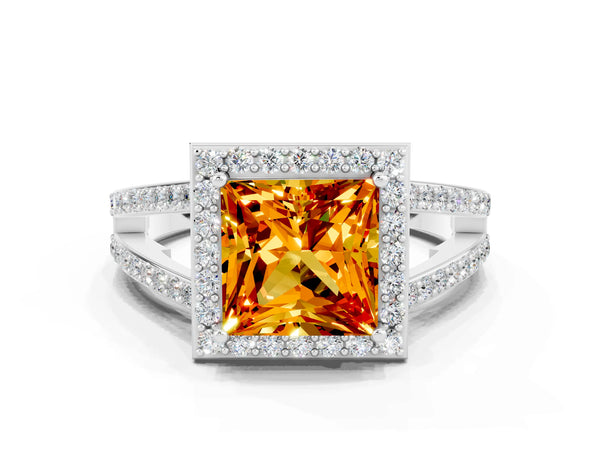 White gold Princess Cut Citrine Halo Ring with Split Shank U-Prong Band and Four-Prong Setting