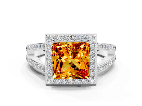 White gold Princess Cut Citrine Halo Ring with Split Shank U-Prong Band and Four-Prong Setting