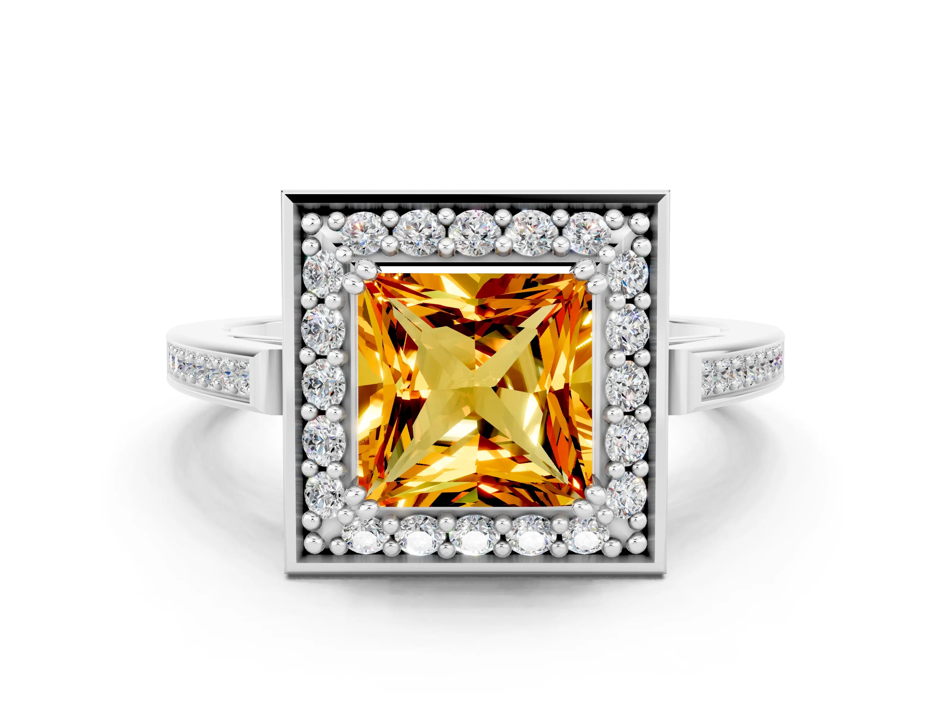 White gold Princess Cut Citrine Halo Ring with Split Shank and Four-Prong Setting_12