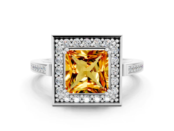 Platinum Princess Cut Citrine Halo Ring with Split Shank and Four-Prong Setting