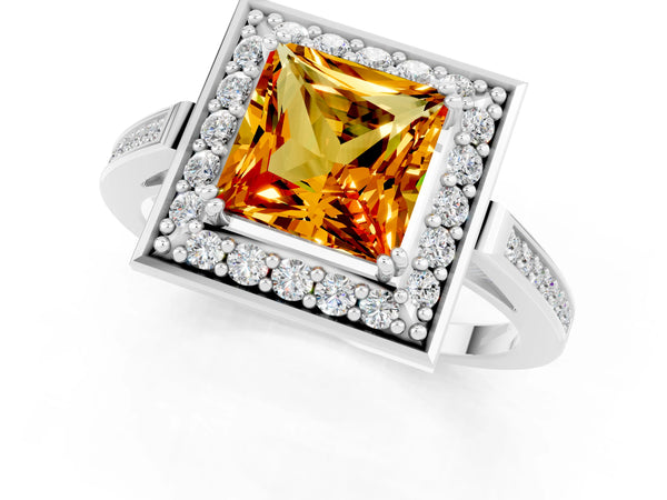 Platinum Princess Cut Citrine Halo Ring with Split Shank and Four-Prong Setting