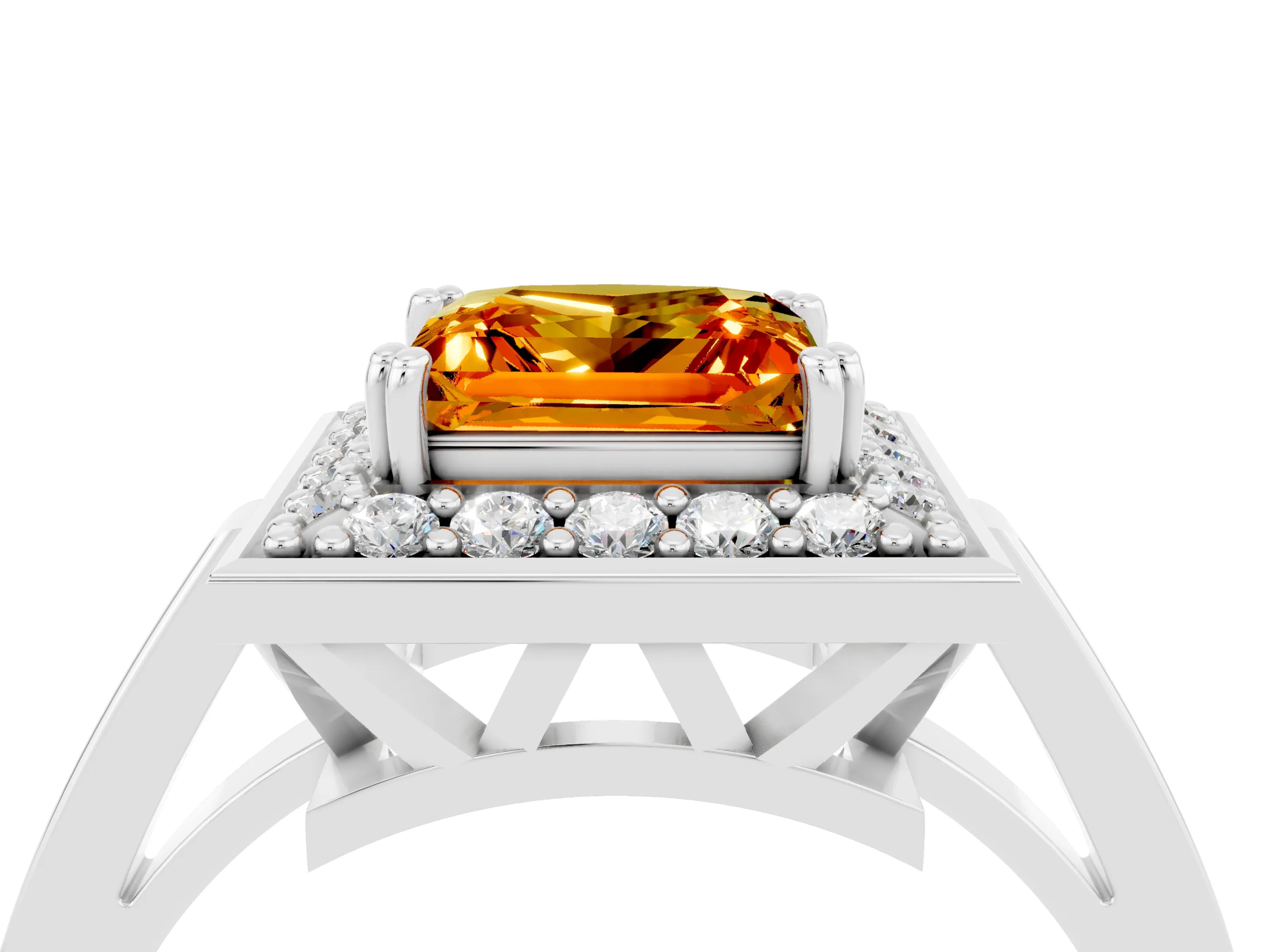 White gold Princess Cut Citrine Halo Ring with Split Shank and Four-Prong Setting_16