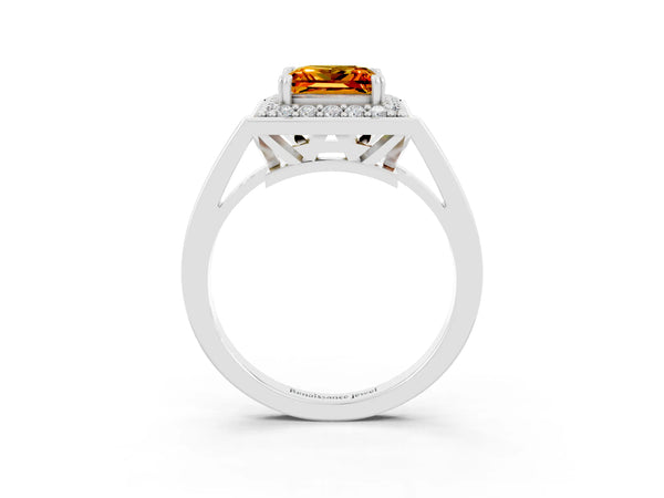 White gold Princess Cut Citrine Halo Ring with Split Shank and Four-Prong Setting