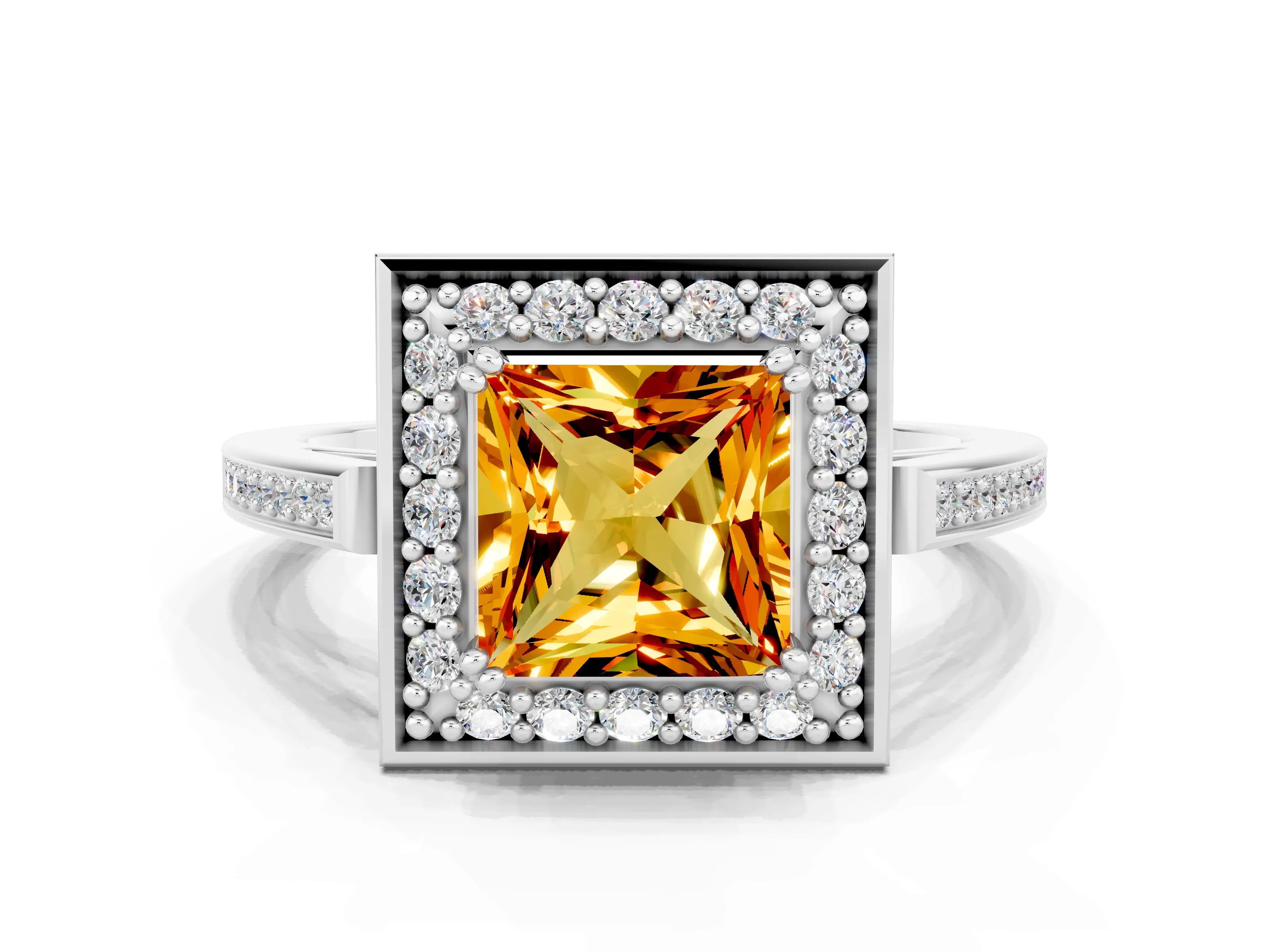 White gold Princess Cut Citrine Halo Ring with Split Shank and Four-Prong Setting_24