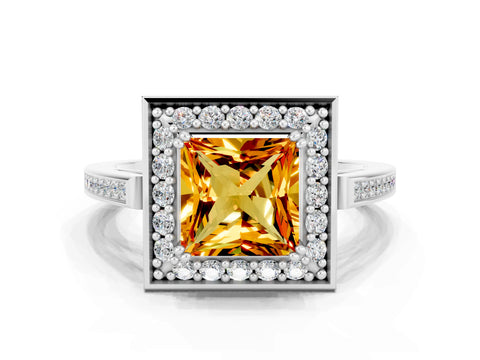 White gold Princess Cut Citrine Halo Ring with Split Shank and Four-Prong Setting_24