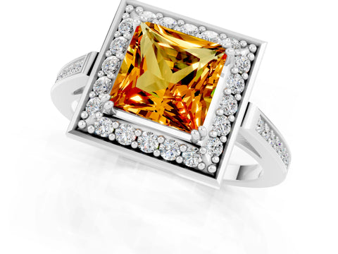White gold Princess Cut Citrine Halo Ring with Split Shank and Four-Prong Setting_25
