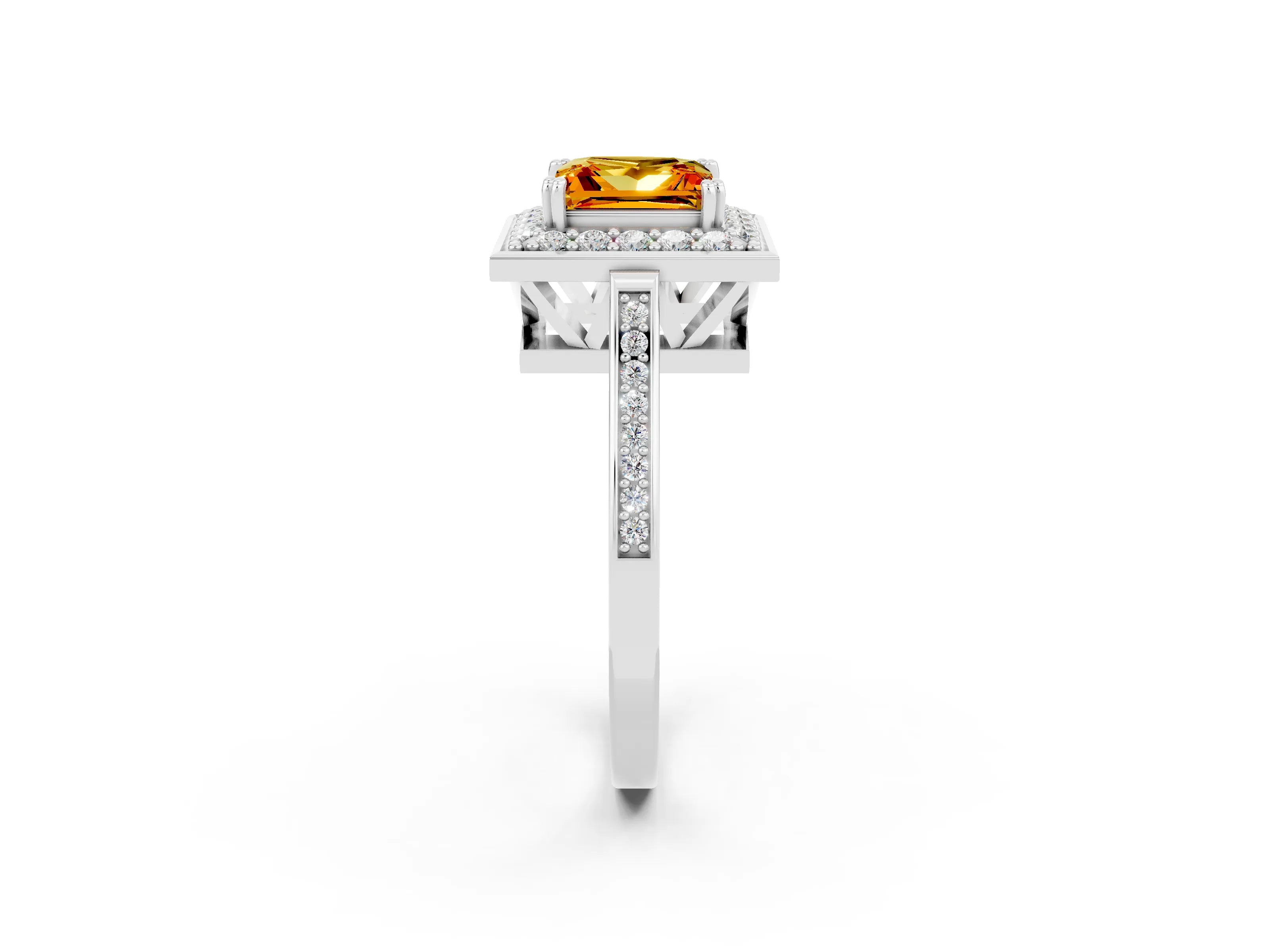 White gold Princess Cut Citrine Halo Ring with Split Shank and Four-Prong Setting_26