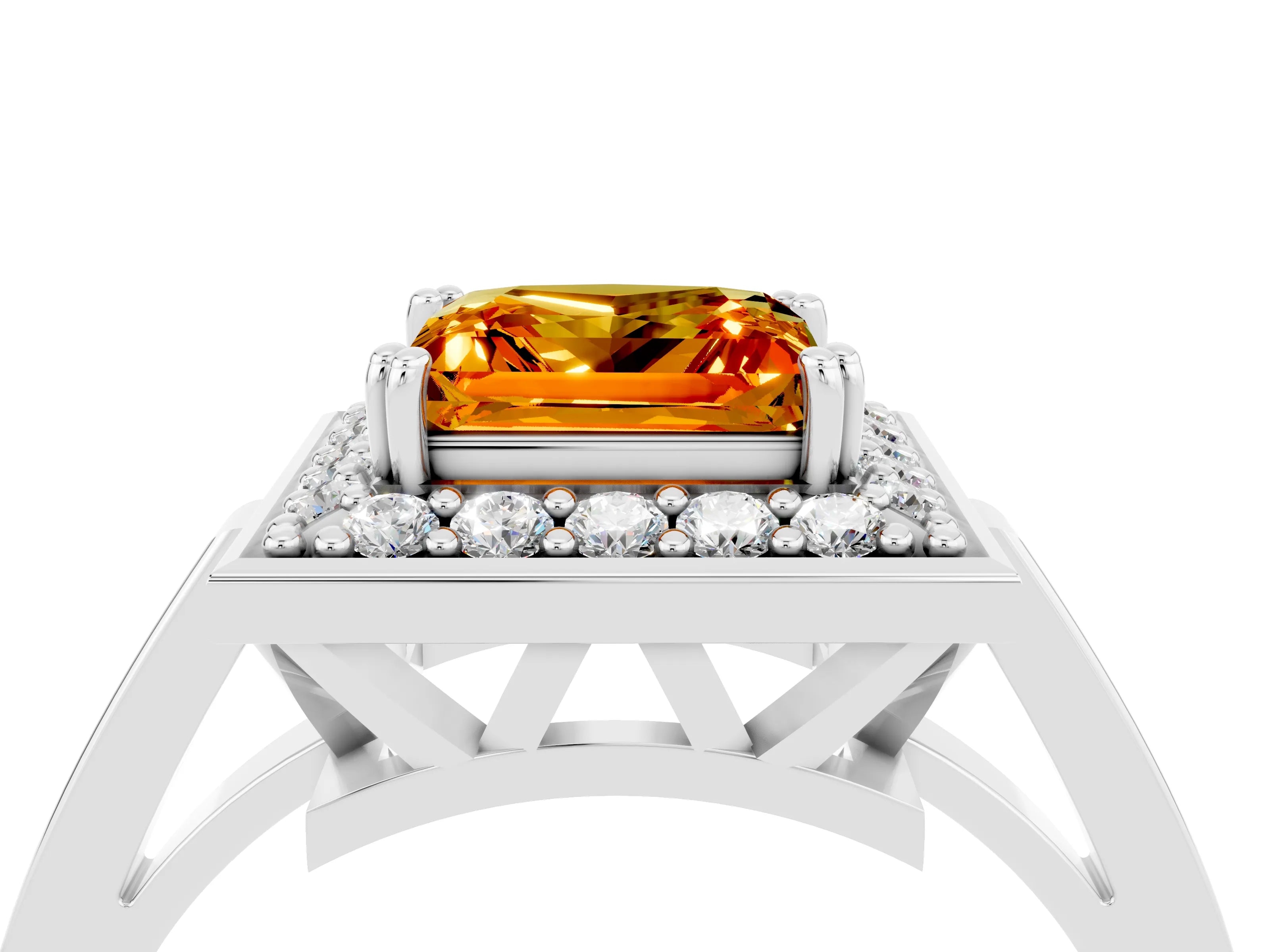 White gold Princess Cut Citrine Halo Ring with Split Shank and Four-Prong Setting_28
