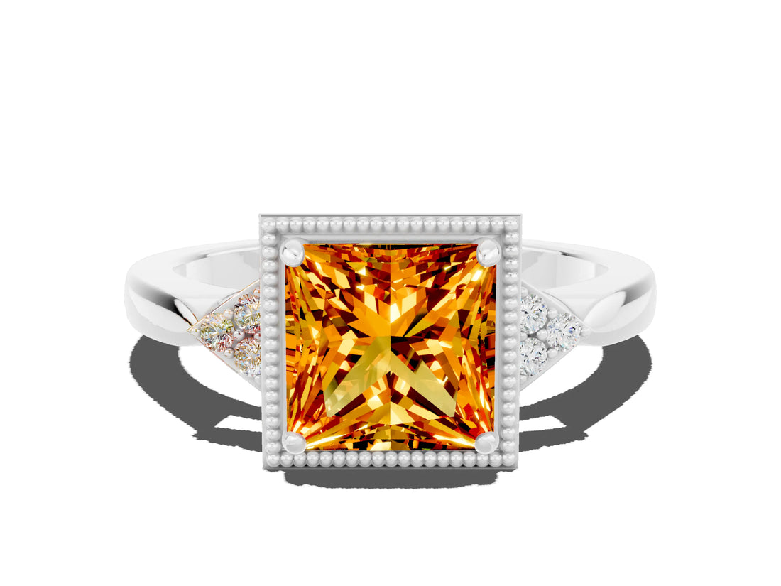 White gold Princess Cut Citrine Halo Ring with Tapered Band and Four-Prong Setting