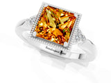 White gold Princess Cut Citrine Halo Ring with Tapered Band and Four-Prong Setting_1
