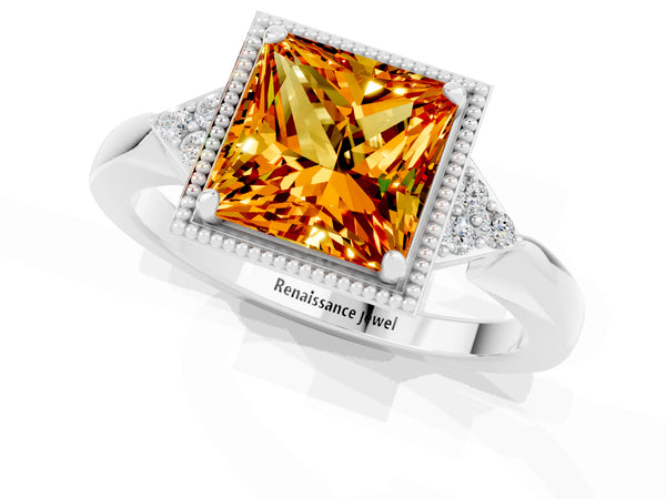 White gold Princess Cut Citrine Halo Ring with Tapered Band and Four-Prong Setting