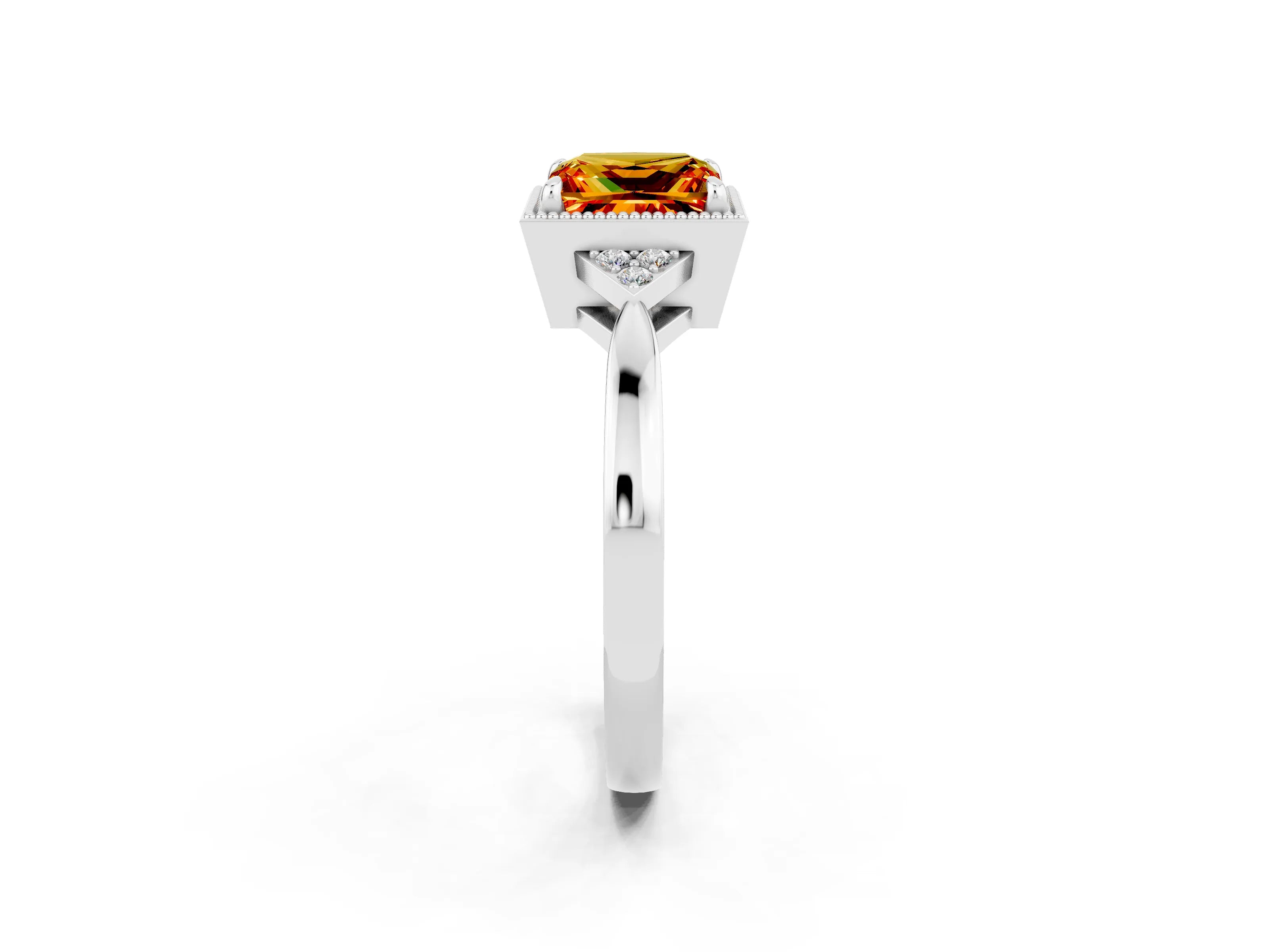 White gold Princess Cut Citrine Halo Ring with Tapered Band and Four-Prong Setting_2