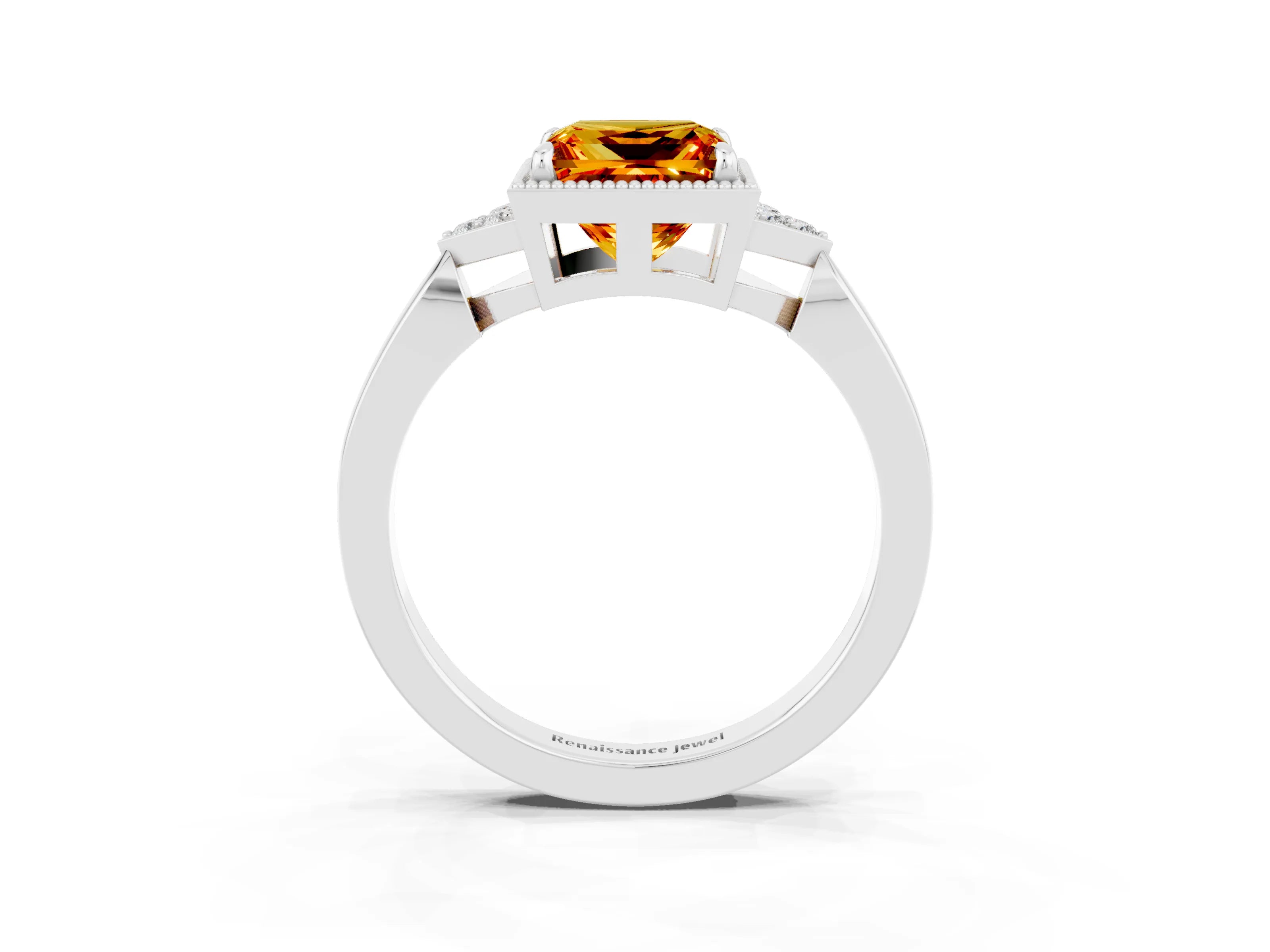 White gold Princess Cut Citrine Halo Ring with Tapered Band and Four-Prong Setting_3