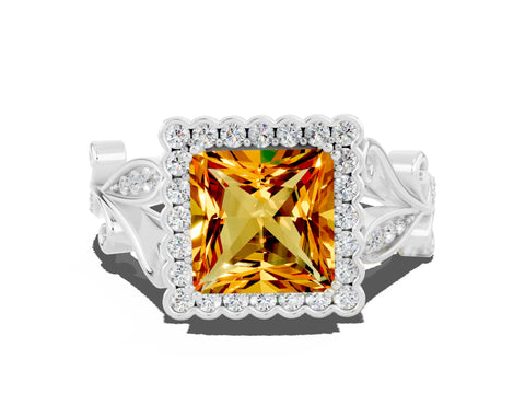 White gold Princess Cut Citrine Halo Ring with Vintage Split Shank and Four-Prong Setting_24
