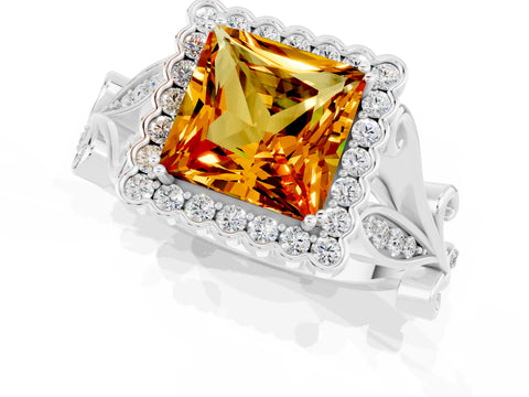 White gold Princess Cut Citrine Halo Ring with Vintage Split Shank and Four-Prong Setting_25